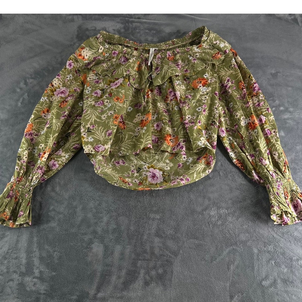 Anthropologie Floral Off Shoulder Ruffle Blouse Olive Green Cotton Top Medium